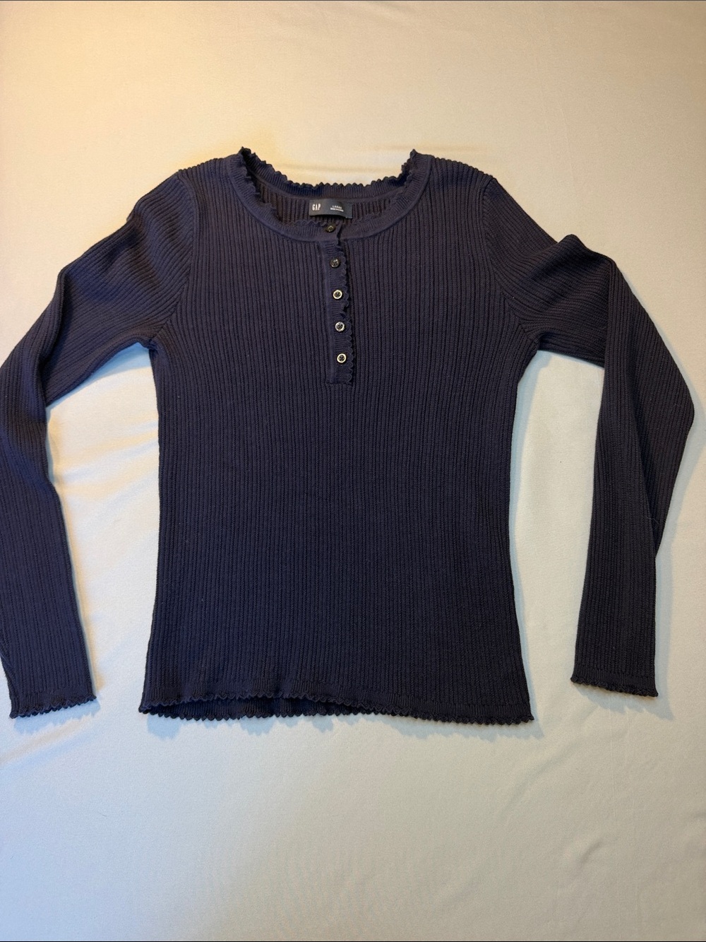 GAP Navy Ribbed Henley Long Sleeve Sweater with Lettuce Trim